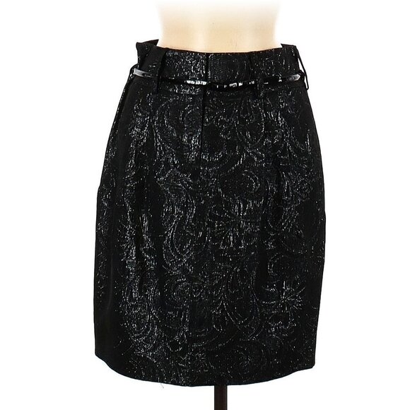 NWOT Elie Tahari Black Metallic Floral Textured Belted Pencil Skirt - Picture 1 of 8